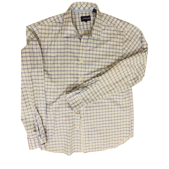 Jeremy Argyle Saratoga Pale Blue and Tan Plaid Cotton Shirt Size M - Picture 9 of 11